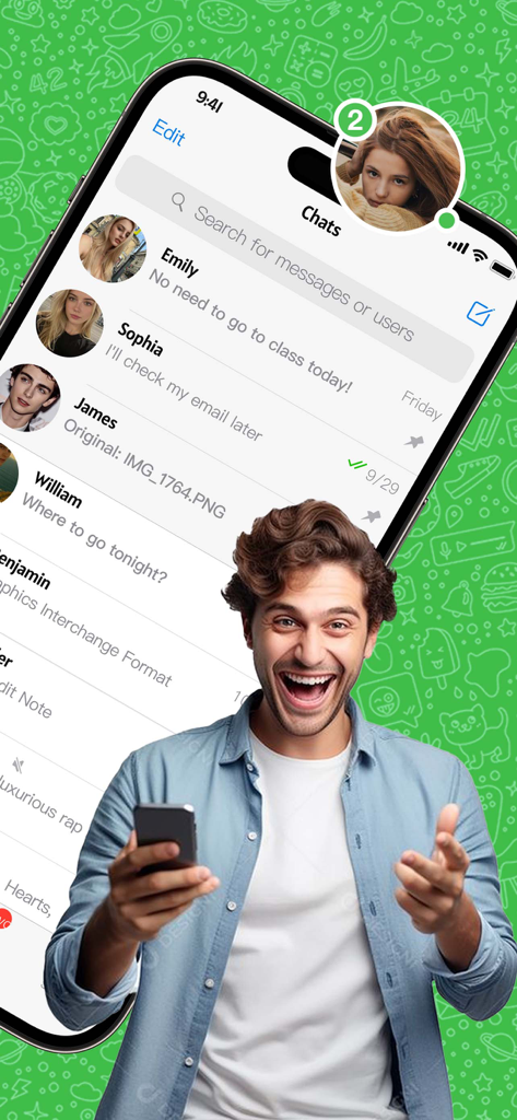 Dual Messenger & Duo Web Chat - A happy man holding a smartphone next to a chat list display in the Dual Messenger app.