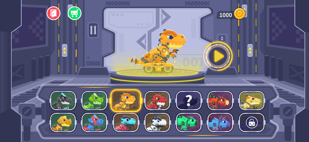 Dinosaur Coding: Kids Games - Vehicle selection screen featuring mechanical dinosaur trucks in the Dinosaur Coding app.