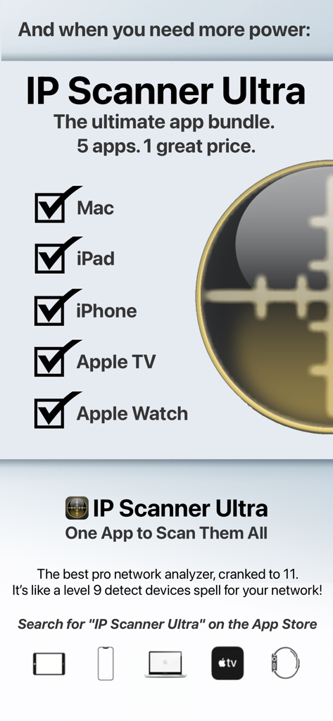 IP Scanner - Imagen promocional de IP Scanner Ultra mostrando compatibilidad con Mac iPad iPhone Apple TV y Apple Watch