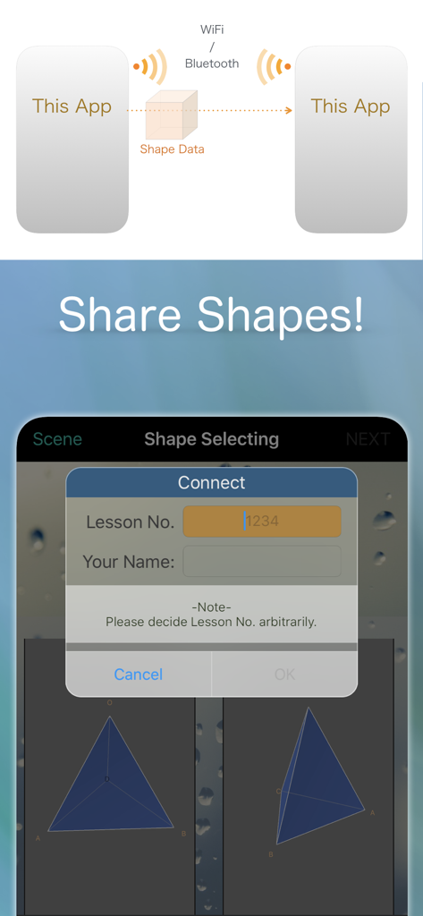 Infographic showing how to share 3D geometric shape data between devices using WiFi or Bluetooth