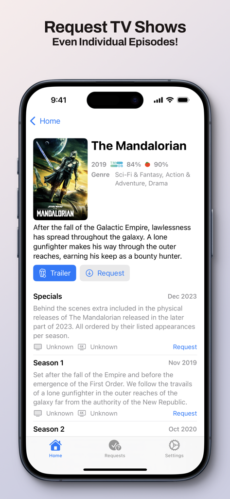 Ovue for Overseerr - Screenshot of the Ovue app showing the detail page for a TV show with buttons to request specific seasons or episodes