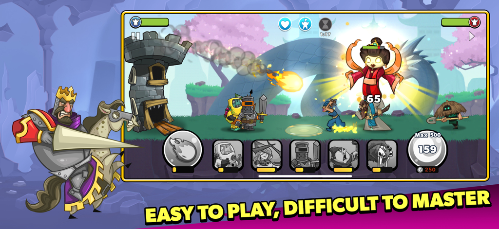 A 2D battle scene in Tower Conquest featuring a knight on horseback and fantasy units attacking an enemy tower.