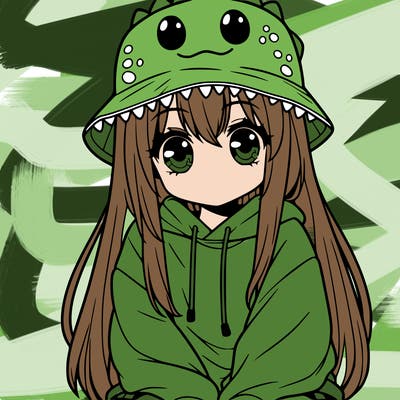 girl with anime shaped eyes with a dinosaur bucket hat oversized sweatshirt long straight hair
