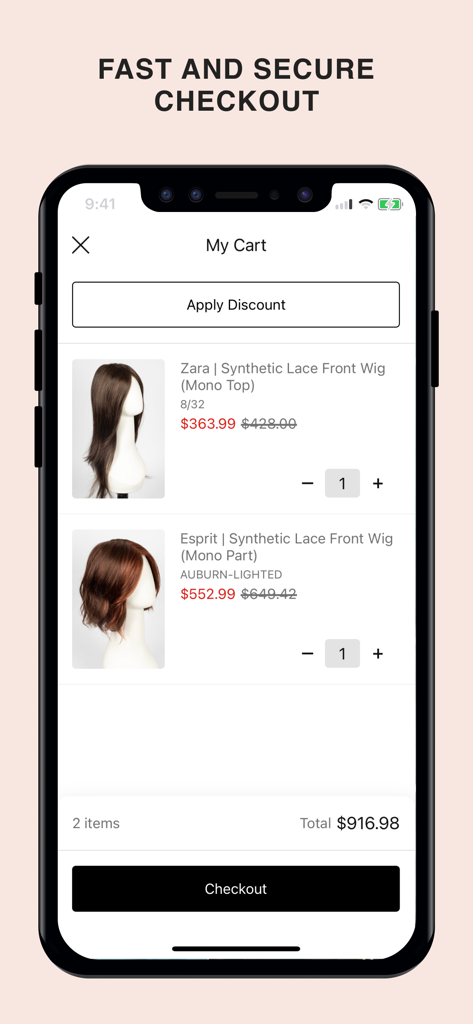 Wigs.com - The Wigs.com app shopping cart screen displaying two synthetic lace front wigs with prices and a checkout button.