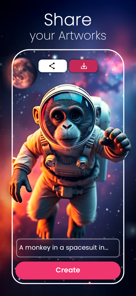 Interface do aplicativo CreArt mostrando uma arte gerada por IA de um astronauta macaco com opções de compartilhamento e download.