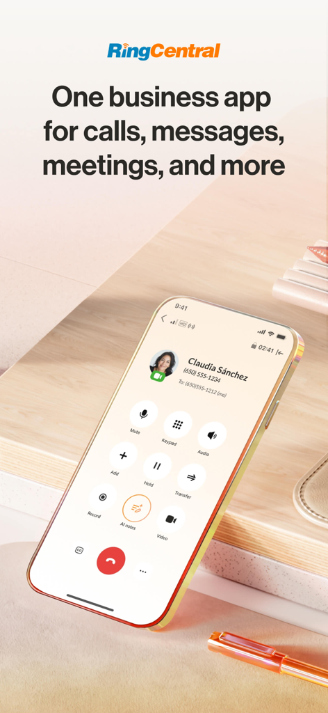 RingCentral - Smartphone displaying the RingCentral app interface during an active business call with AI features