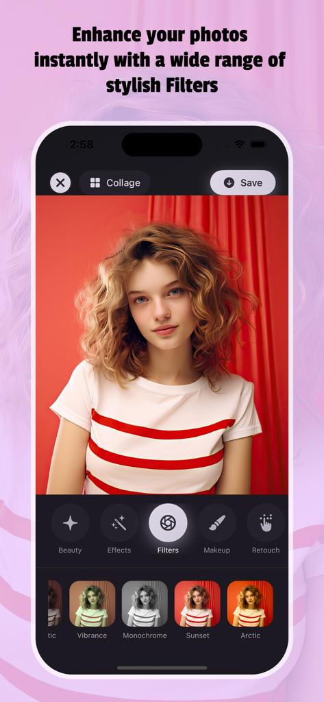 Photo Edit Studio+ - Una captura de pantalla de Photo Edit Studio plus mostrando filtros elegantes aplicados a un retrato