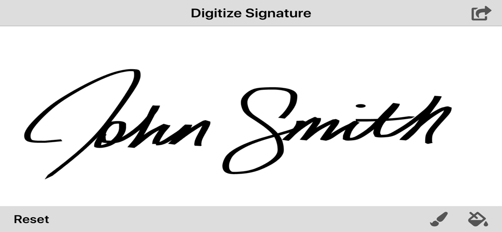 Digitize Signature - Interfaz de la aplicación Digitalizar Firma mostrando una firma manuscrita realista en un lienzo digital