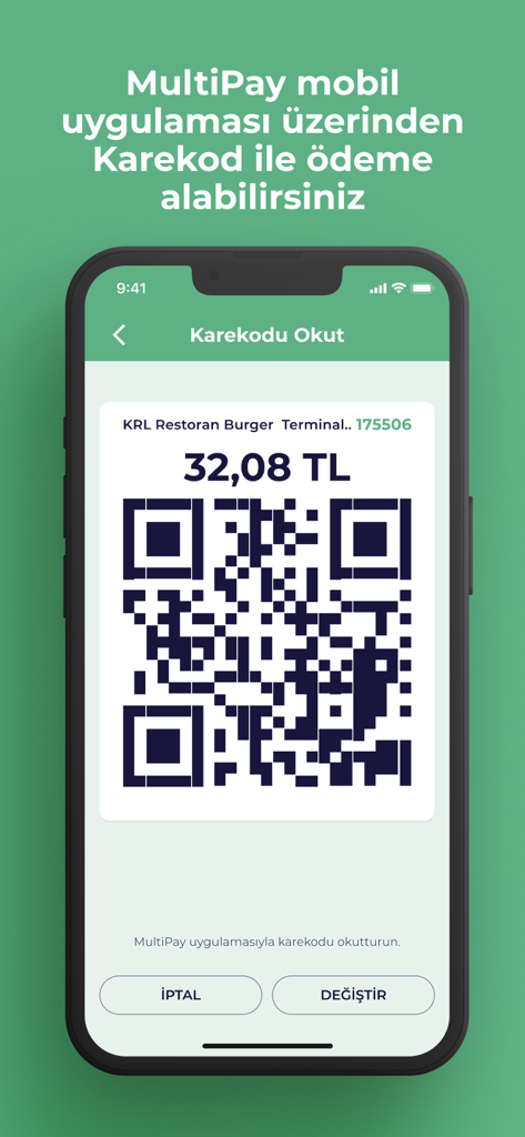 MultiPOS mobile app interface showing a QR code for a point of sale transaction