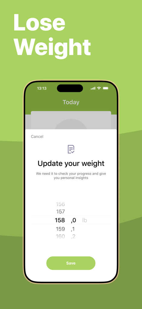 Vivid: Mediterranean Diet - Interfaz de seguimiento de peso en la aplicación Vivid Mediterranean Diet que muestra un dial de entrada de peso para libras.