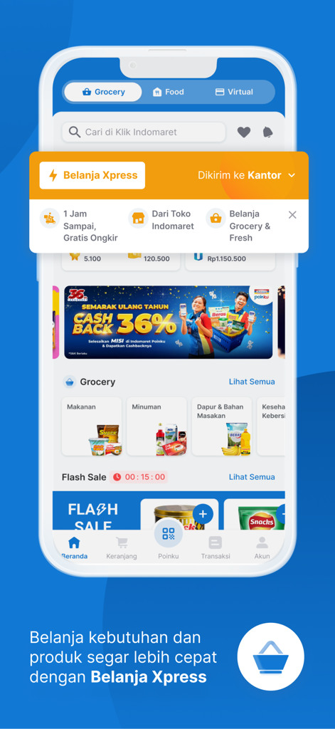 Klik Indomaret - Screenshot of the Klik Indomaret app home screen showing grocery categories and express shopping options