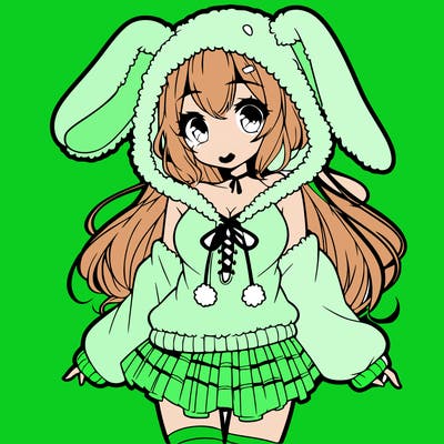 pretty anime girl wearing a fluffy hoodie with bunny ears on the hood and a skirt