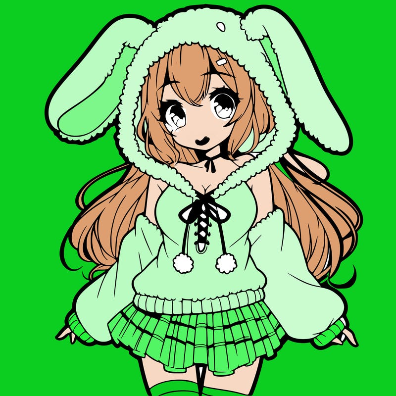 pretty anime girl wearing a fluffy hoodie with bunny ears on the hood and a skirt