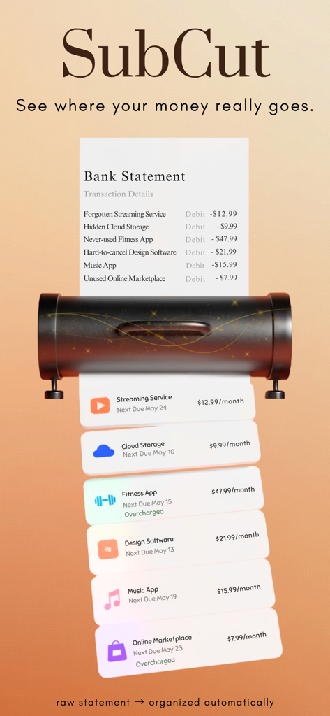 Subcut: Subscription Tracker - Subcut app transforming a raw bank statement into an organized list of recurring subscriptions