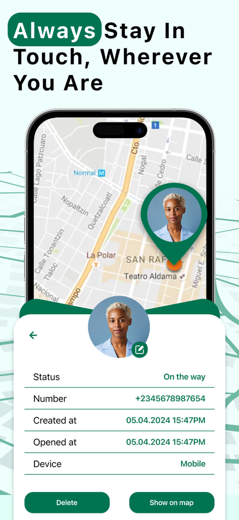 Phone Tracker Location Geo-Pro - Interfaz de la aplicación Phone Tracker Location Geo-Pro mostrando la ubicación en tiempo real de una persona en un mapa y su estado de viaje.