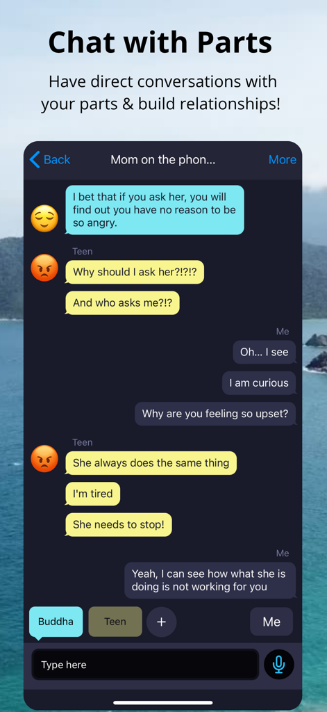 IFS Guide - A screenshot of the IFS Guide app showing a chat interface where a user communicates with different internal parts like Teen and Buddha
