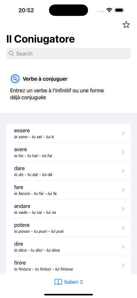 Il Coniugatore - Italian verb conjugation list and search interface in the Il Coniugatore app