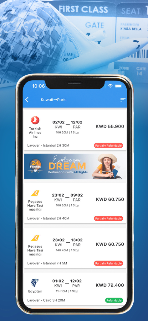 Smartphone screen showing flight options from Kuwait to Paris on the 24 Flights app