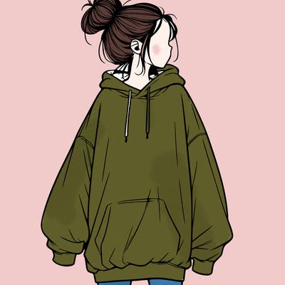 realistic girl with a oversized sweatshirt on and a bun