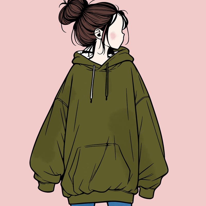 realistic girl with a oversized sweatshirt on and a bun