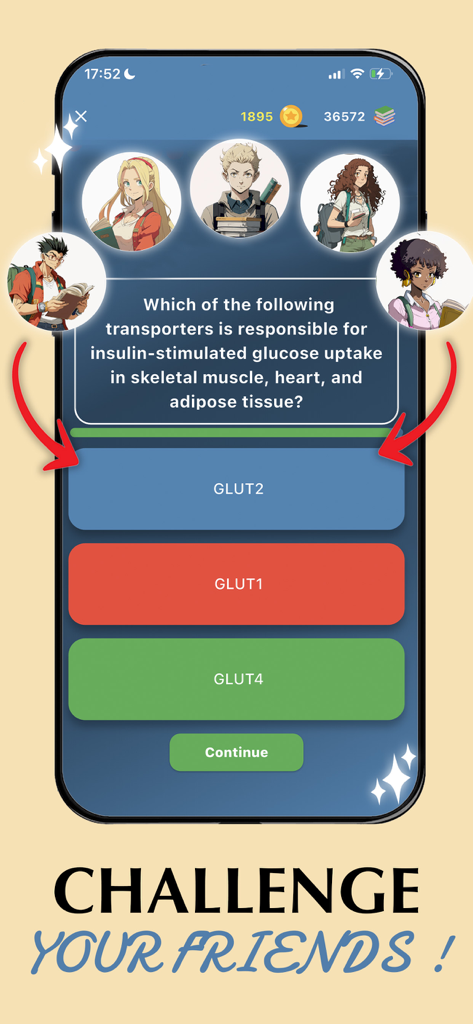 Aistote : AI QUIZ - Interface mobile du quiz IA Aistote montrant une question de biologie avec des réponses à choix multiples et une fonctionnalité de défi entre amis.