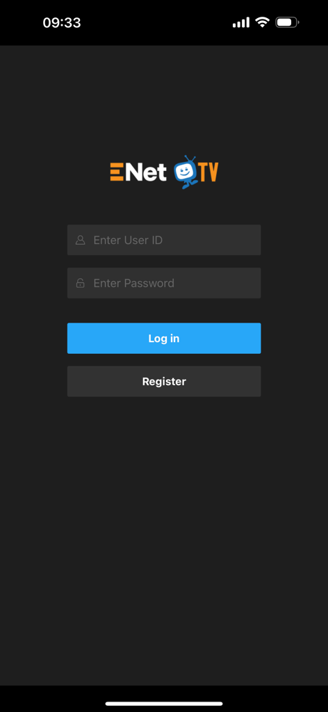 ENet TV - Login screen for the ENet TV mobile application with fields for User ID and password.