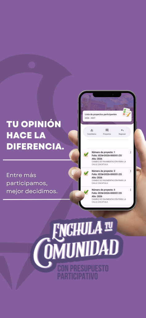 A hand holding a smartphone showing a list of participatory budgeting projects in the IECM app over a purple background with civic engagement slogans.