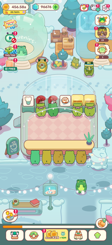 Frogs Kitchen - A cozy winter themed kitchen with cute frog characters serving pastries in Frog Kitchen Tycoon