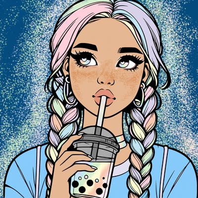 realistic girl with braided hair drinking boba