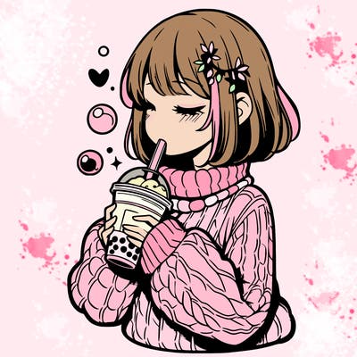 manga girl drinking boba in cozy sweater