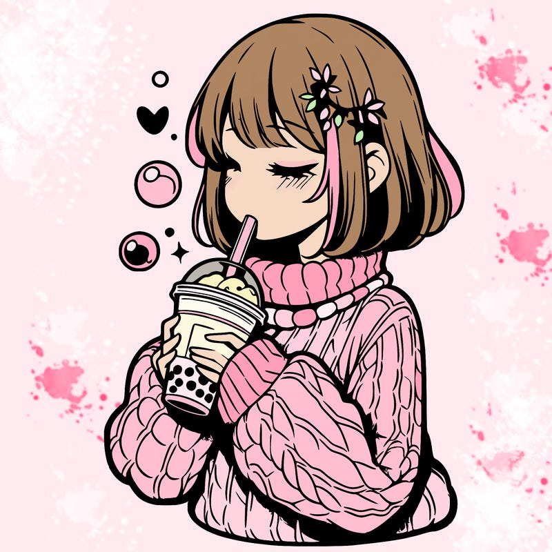 manga girl drinking boba in cozy sweater