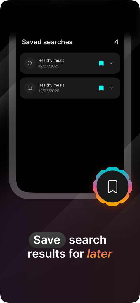 Interfaz de la aplicación Navo que muestra una lista de búsquedas guardadas de comidas saludables con un icono de marcador y una llamada a la acción para guardar resultados de búsqueda para más tarde.
