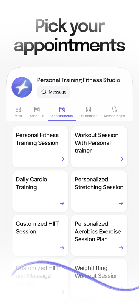 Momence - Momenceアプリの画面。HIIT、カーディオ、パーソナルトレーニングなどの様々なフィットネスセッション予約オプションが表示されています。
