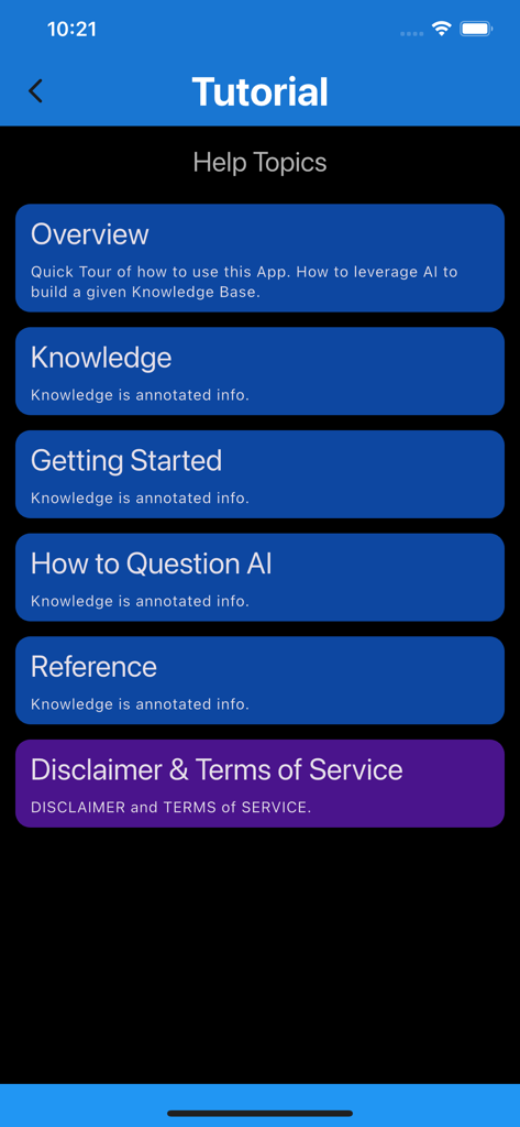 treillint.proquo3 - Tela de tutorial do aplicativo Proquo com uma lista de tópicos de ajuda