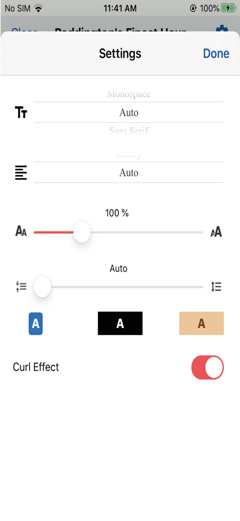 E-Sentral - The settings screen of E Sentral ebook reader showing customization options for reading