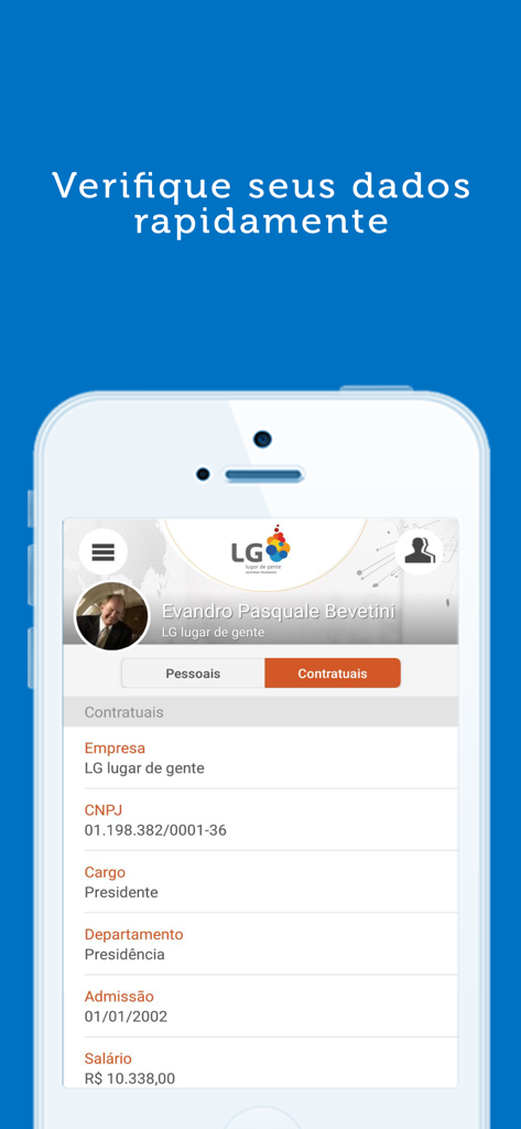 Interface do aplicativo Gen.te Mobile exibindo informações contratuais do funcionário, como salário e cargo em um iPhone.