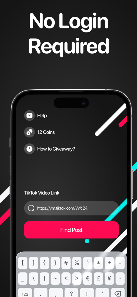 TikTokギブアウェイピッカーアプリのインターフェース。動画リンクを貼り付けるフィールドと「ログイン不要」というメッセージが表示されています。