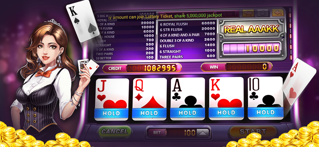 Video poker screen in Royal Club Casino app featuring a female dealer character and playing cards