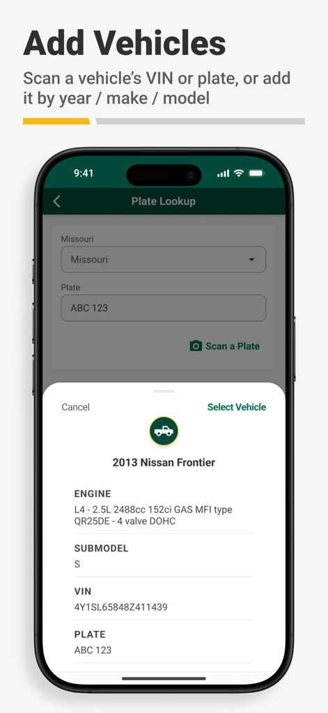 Screenshot of the O Reilly Pro app showing the vehicle identification feature using a license plate lookup for a Nissan Frontier