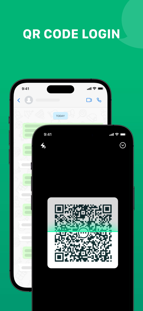 Écran de connexion par code QR pour l'application WA Web Double Chat affiché sur deux appareils mobiles.