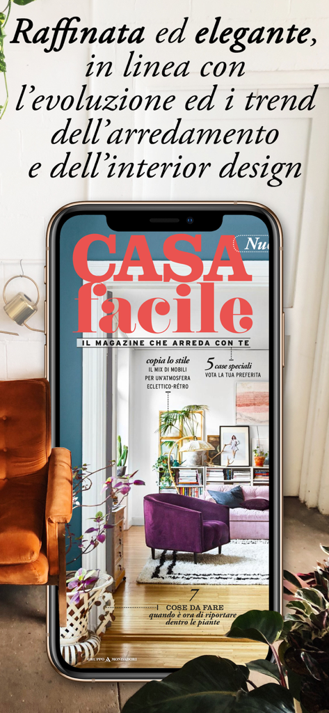 CasaFacile - Smartphone displaying the CasaFacile digital magazine cover featuring a stylish and colorful living room interior