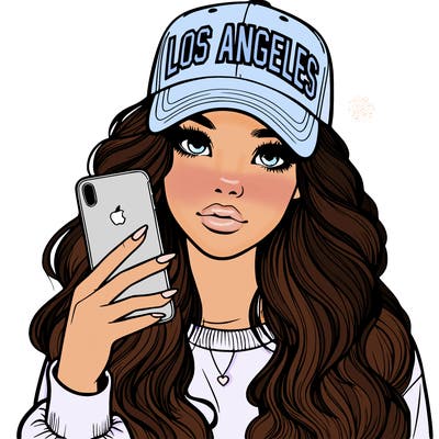realistic beautiful girl wearing los ángeles cap holding an iphone