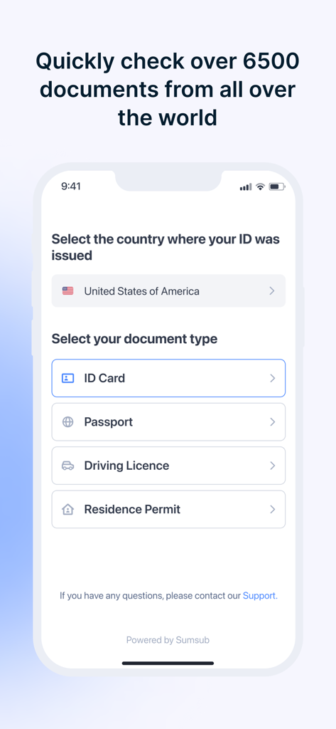 Sumsub for Business - Tela do aplicativo Sumsub para Negócios para selecionar tipos de documentos de identidade, incluindo passaporte e carteira de motorista.