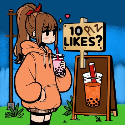 girl with oversized hoodie drinking boba and she has a high ponytail with a sign that says 10likes?