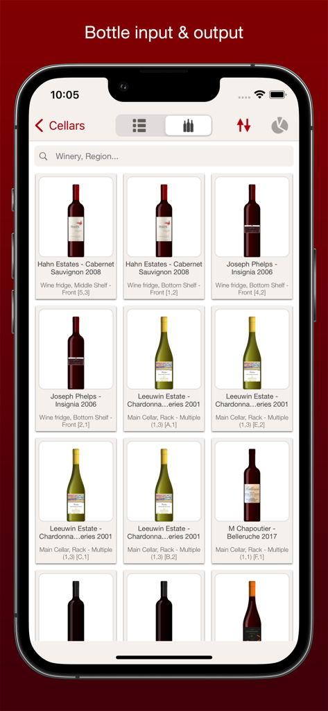 VinoCell app showing a grid view of wine bottles with vintage details and cellar positions