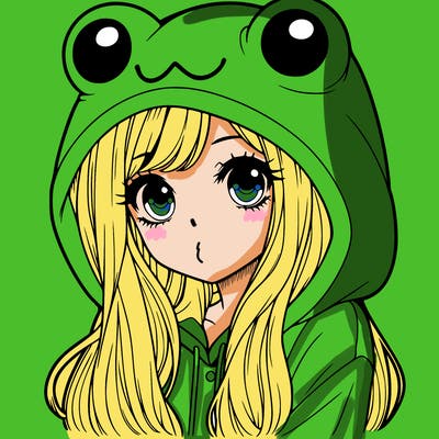 a pretty girl wearing a frog hoodie portrait with long hair