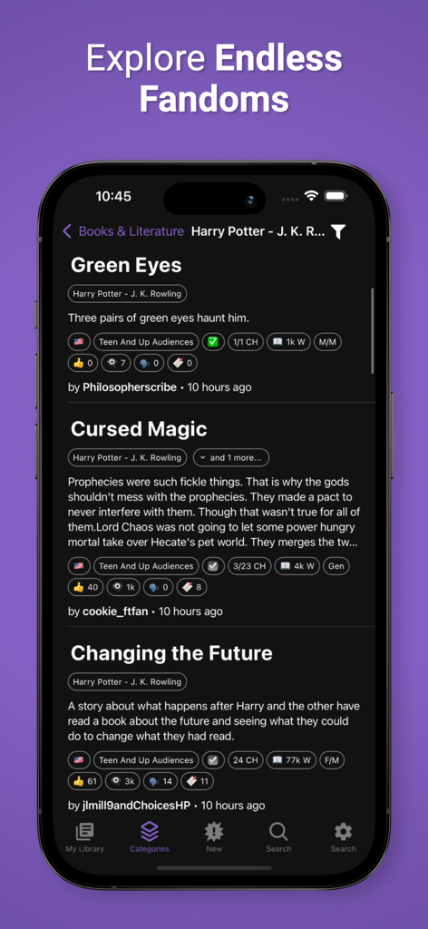 FanFiction | AO3 unofficial - Mobile App Interface zeigt eine Liste von Fanfiction-Geschichten im dunklen Modus mit Titeln und Beschreibungen