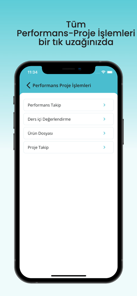 Mobile app screen for teachers showing options for performance and project tracking.