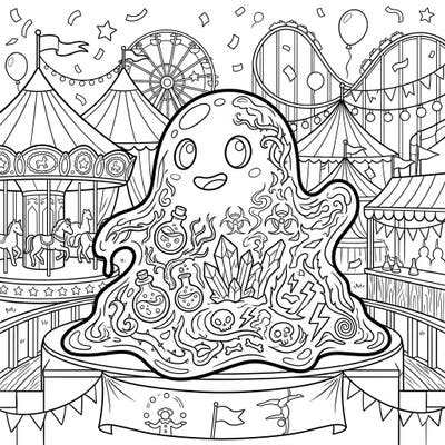 Unleash your creativity with this unique coloring page featuring a cheerful toxic slime enjoying a vibrant carnival. Immerse yourself in a world of intricate details, from bubbling potions to classic fairground attractions, perfect for a relaxing coloring session.