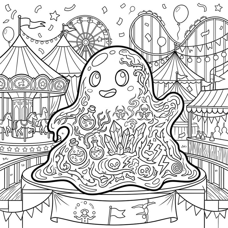 Unleash your creativity with this unique coloring page featuring a cheerful toxic slime enjoying a vibrant carnival. Immerse yourself in a world of intricate details, from bubbling potions to classic fairground attractions, perfect for a relaxing coloring session.